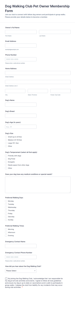 Dog Walking Club Pet Owner Membership Form Template