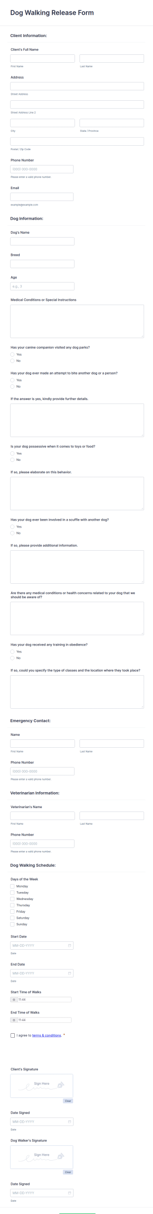 Dog Walking Release Form Template