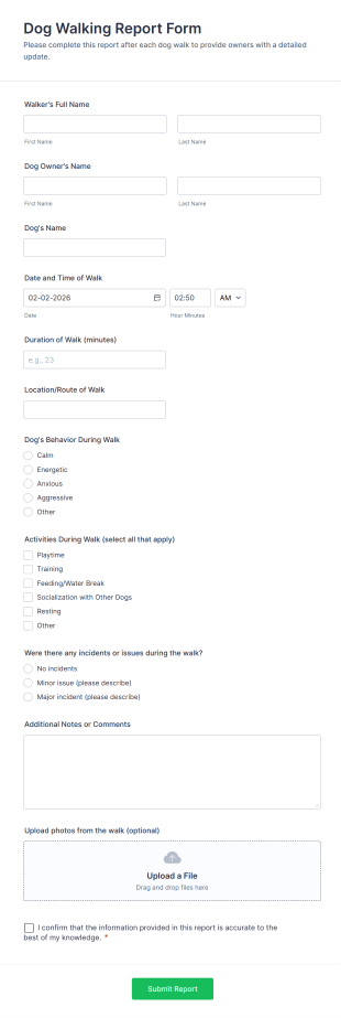 Dog Walking Report Form Template