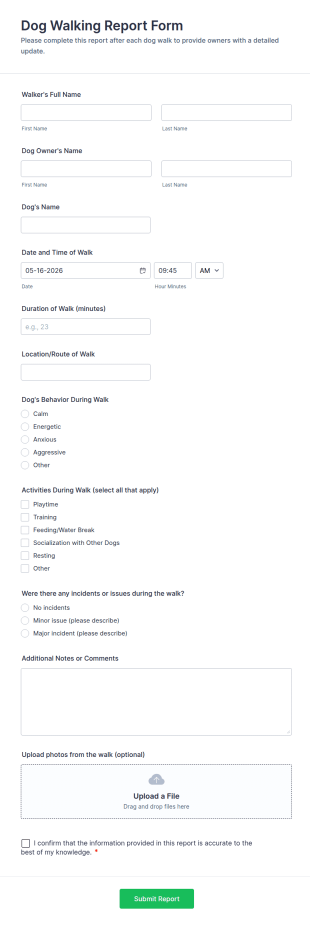 Dog Walking Report Form Template