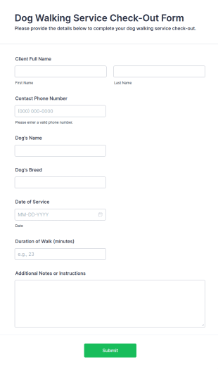 Dog Walking Service Check Out Form Template
