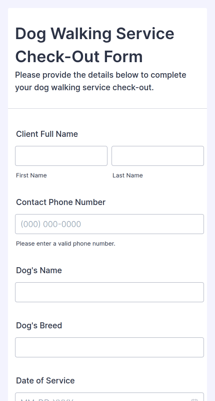 Dog Walking Service Check Out Form