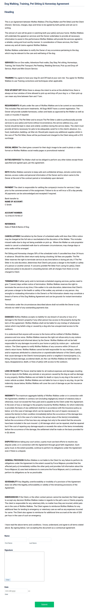 Dog Walking, Training, Pet Sitting & Homestay Agreement Form Template