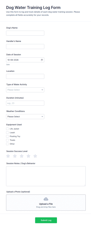 Dog Water Training Log Form Template