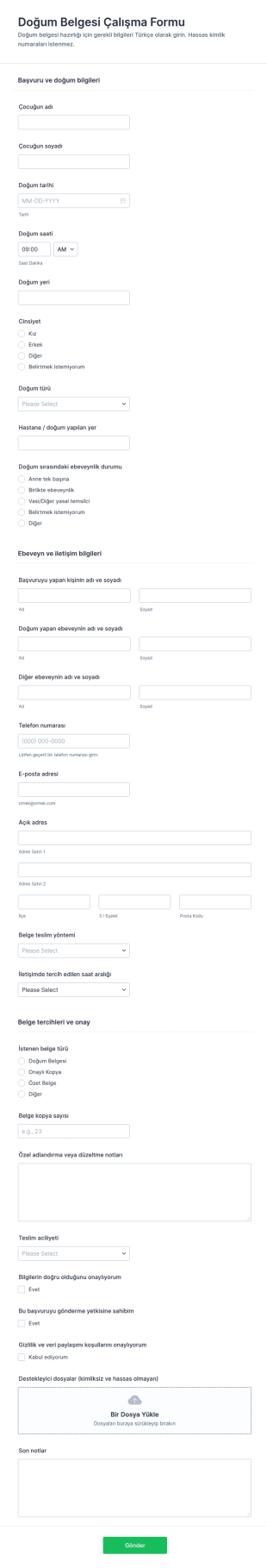 Doğum Belgesi Çalışma Sayfası Formu 🎉 Form Şablonu