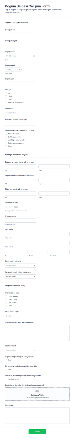 Doğum Belgesi Çalışma Sayfası Formu 🎉 Form Şablonu