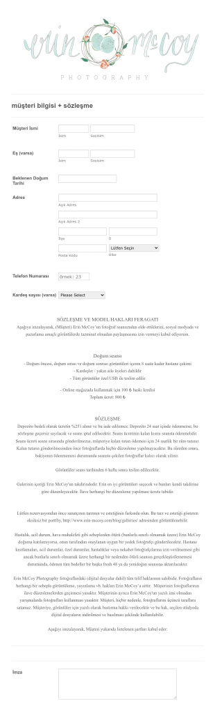 Doğum Fotoğrafçısı Sözleşme Form Template