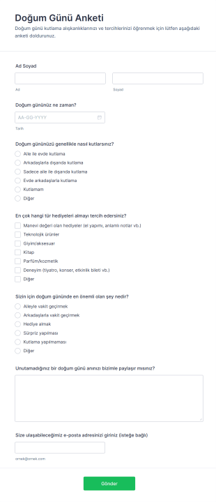 Doğum Günü Anketi Form Template