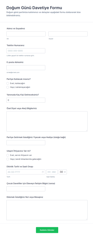 Doğum Günü Davetiye Form Şablonu