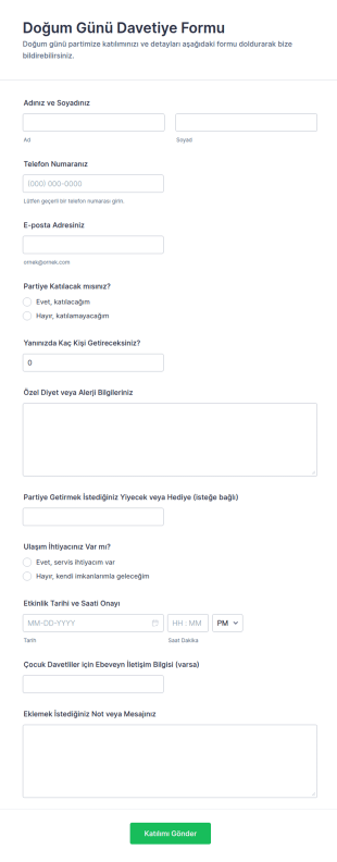 Doğum Günü Davetiye Form Şablonu