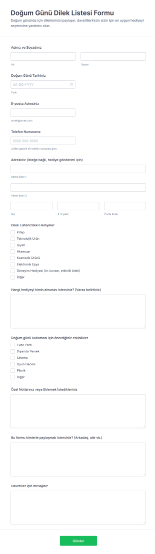 Doğum Günü Dilek Listesi Form Şablonu
