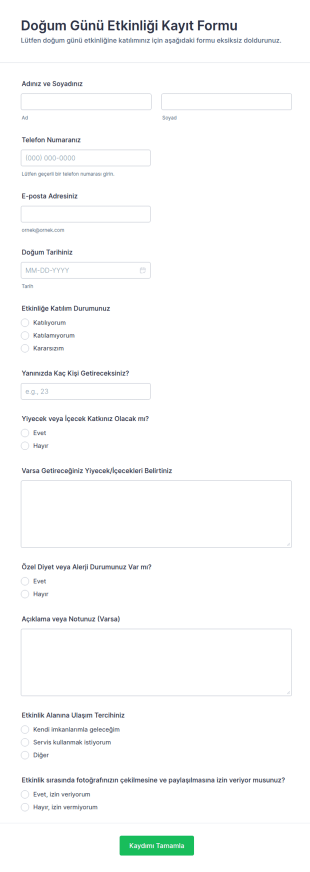 Doğum Günü Etkinliği Kayıt Form Şablonu