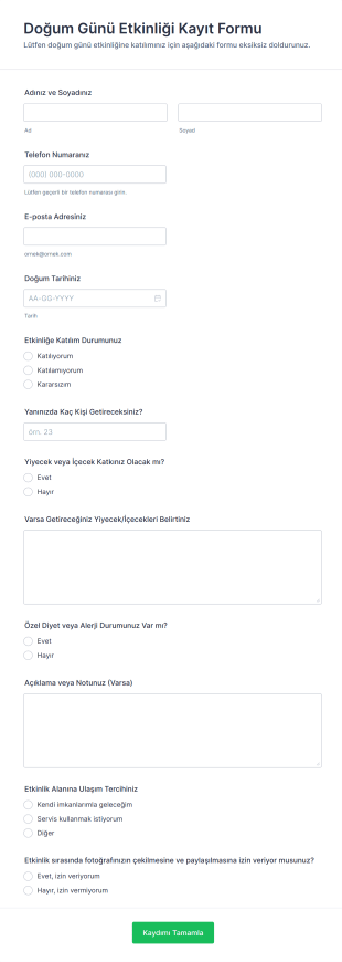 Doğum Günü Etkinliği Kayıt Form Şablonu