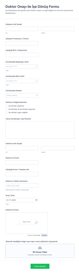 Doktor Onayı Ile İşe Dönüş Form Şablonu