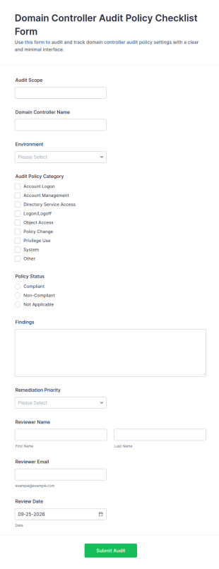 Domain Controller Audit Policy Checklist Form Template