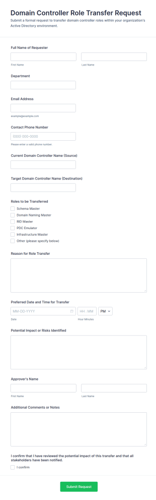 Domain Controller Role Transfer Request Form Template