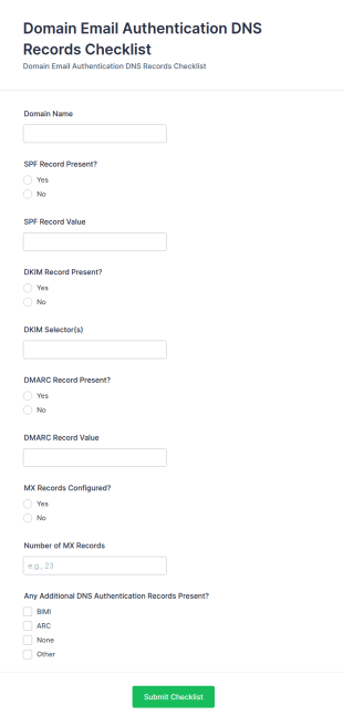 Domain Email Authentication DNS Records Checklist Form Template