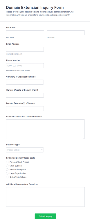 Domain Extension Inquiry Form Template