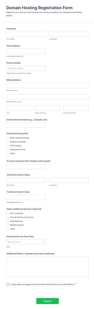 Domain Hosting Registration Form Template