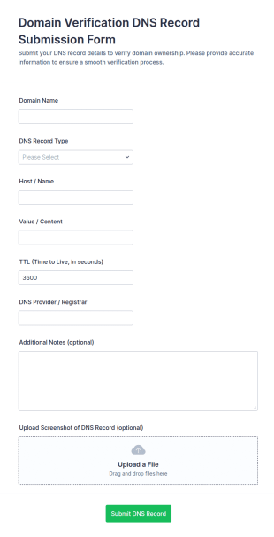 Domain Verification DNS Record Submission Form Template