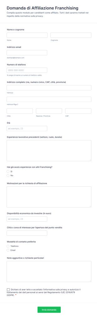Domanda Di Affiliazione Franchising