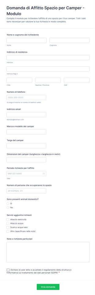 Domanda Di Affitto Spazio Per Camper Modulo