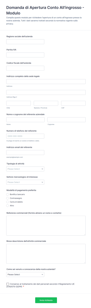 Domanda Di Apertura Conto All'ingrosso Modulo