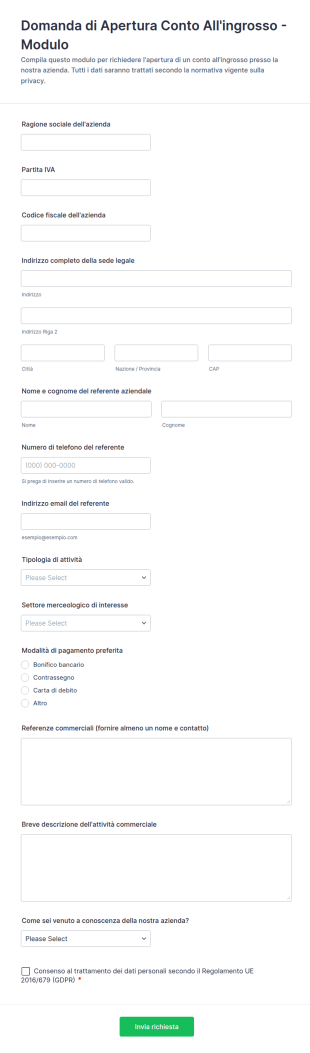 Domanda Di Apertura Conto All'ingrosso Modulo