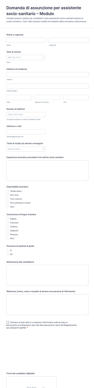 Domanda Di Assunzione Per Assistente Socio Sanitario – Modulo