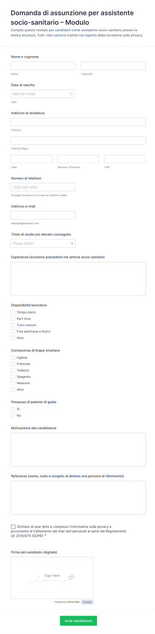Domanda Di Assunzione Per Assistente Socio Sanitario – Modulo