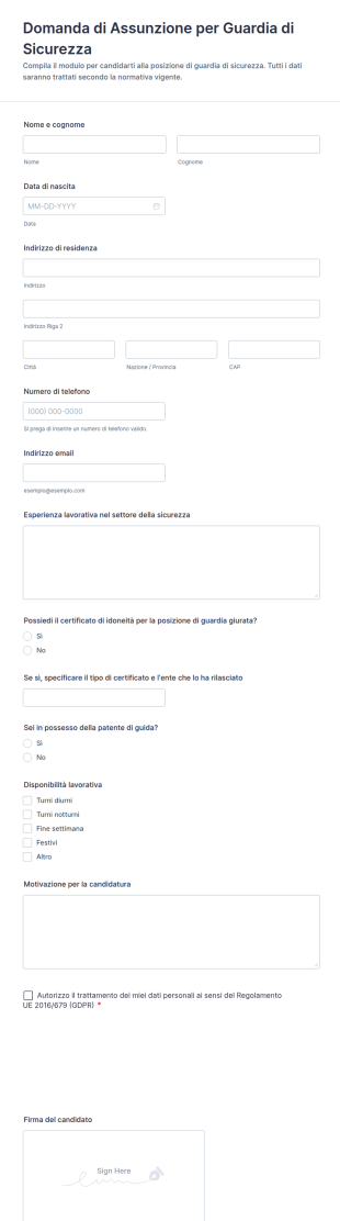 Domanda Di Assunzione Per Guardia Di Sicurezza