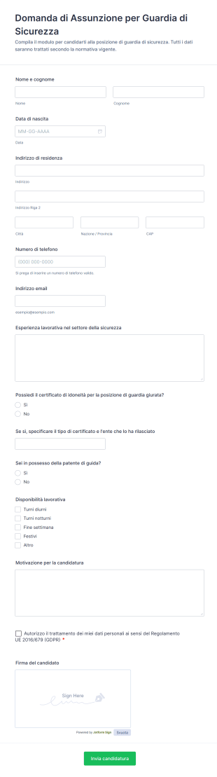 Domanda Di Assunzione Per Guardia Di Sicurezza Form Template