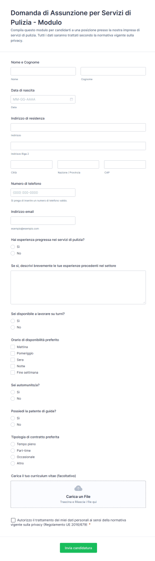 Domanda Di Assunzione Per Servizi Di Pulizia Modulo