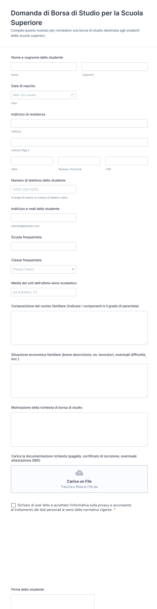 Domanda Di Borsa Di Studio Per La Scuola Superiore