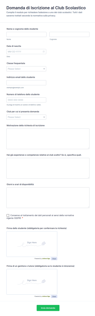 Modulo Di Iscrizione Al Club Scolastico