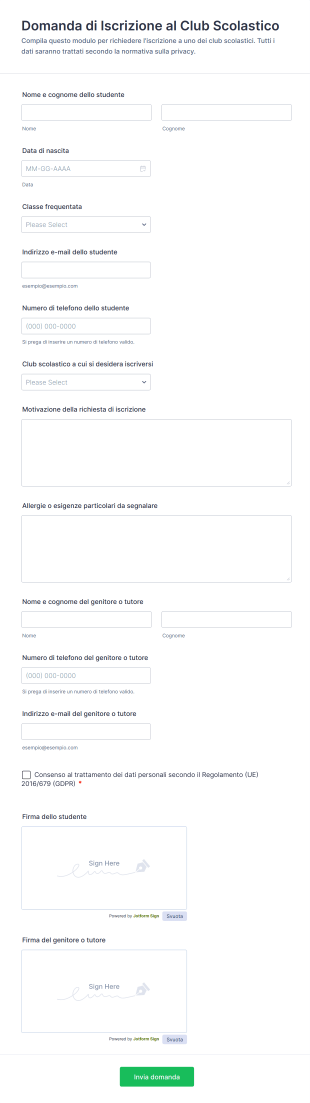 Modulo Di Iscrizione Al Club Scolastico