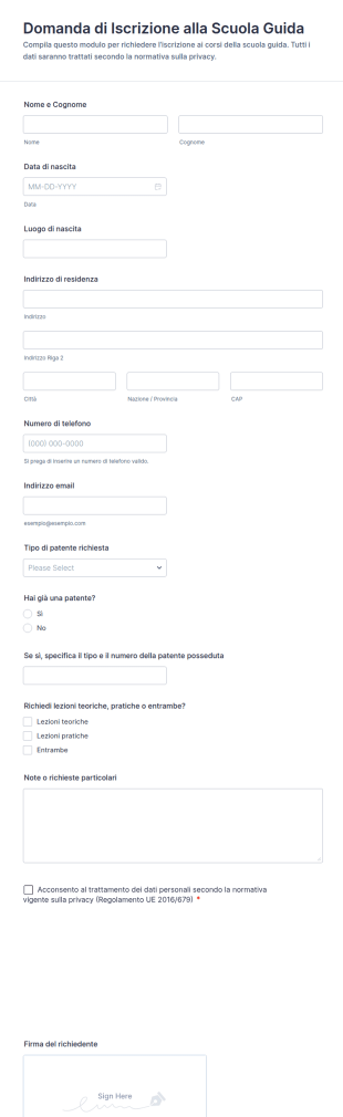Domanda Di Iscrizione Alla Scuola Guida