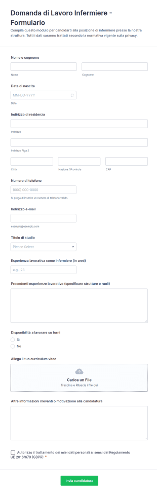 Domanda Di Lavoro Infermiere Formulario