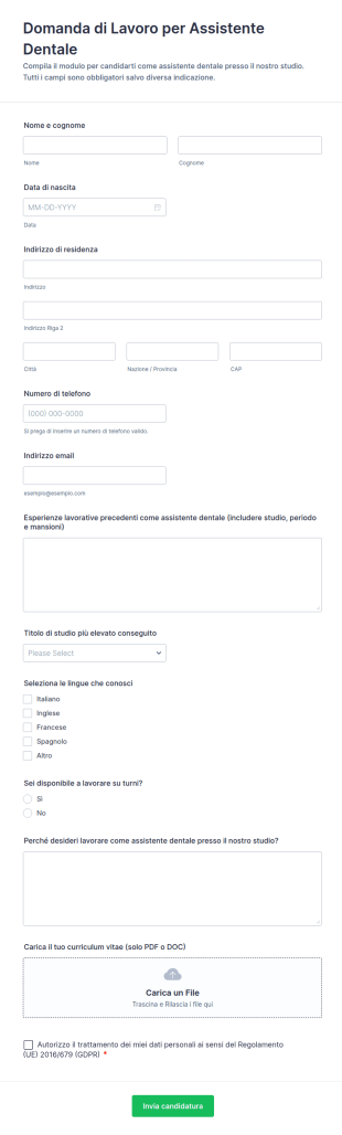 Domanda Di Lavoro Per Assistente Dentale