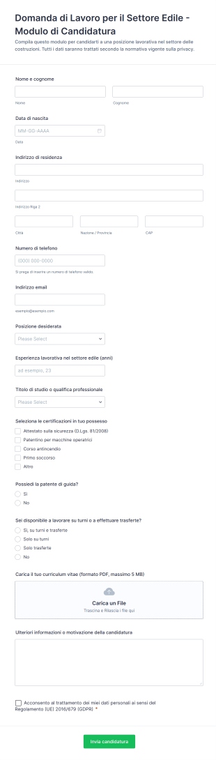 Domanda Di Lavoro Per Il Settore Edile Modulo Di Candidatura