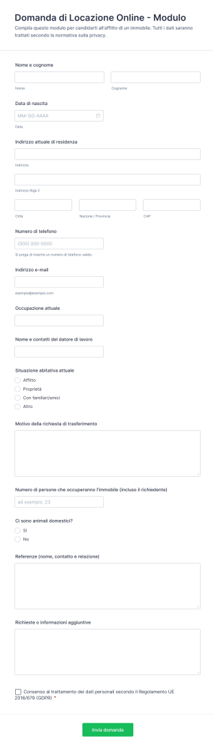 Domanda Di Locazione Online Modulo