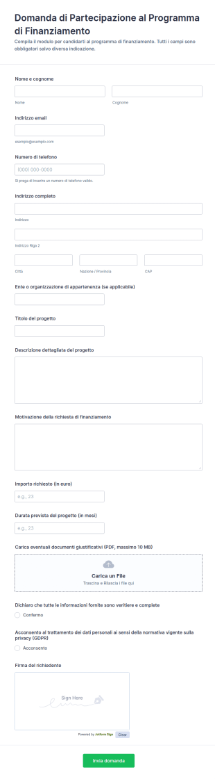 Domanda Di Partecipazione Al Programma Di Finanziamento