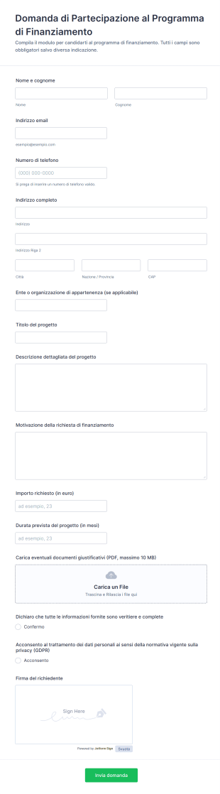 Domanda Di Partecipazione Al Programma Di Finanziamento