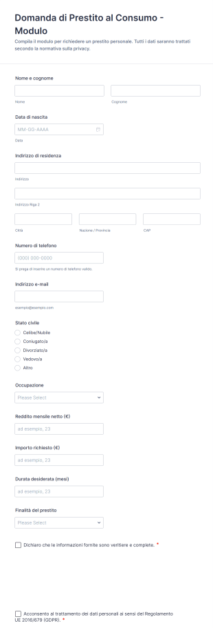 Domanda Di Prestito Al Consumo Modulo