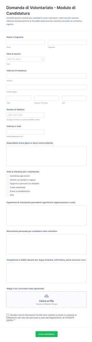 Domanda Di Volontariato Modulo Di Candidatura