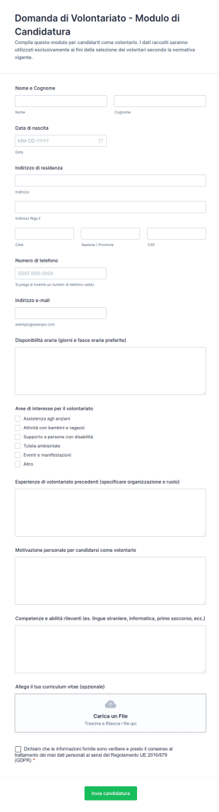 Domanda Di Volontariato Modulo Di Candidatura