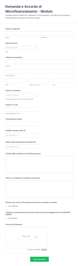Domanda E Accordo Di Microfinanziamento Modulo