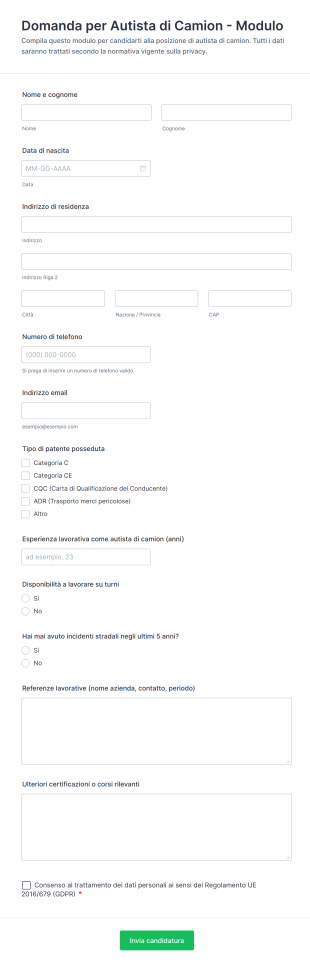 Domanda Per Autista Di Camion Modulo