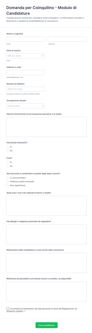 Domanda Per Coinquilino Modulo Di Candidatura