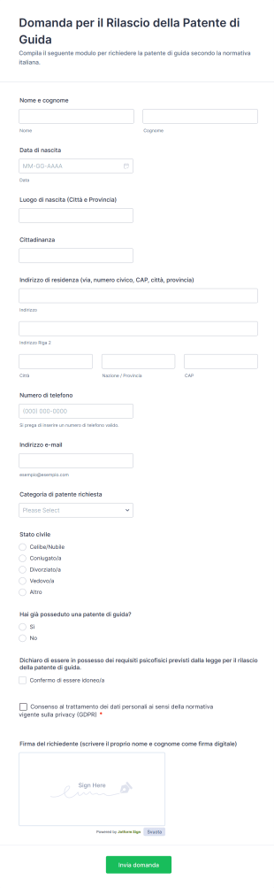 Domanda Per Il Rilascio Della Patente Di Guida